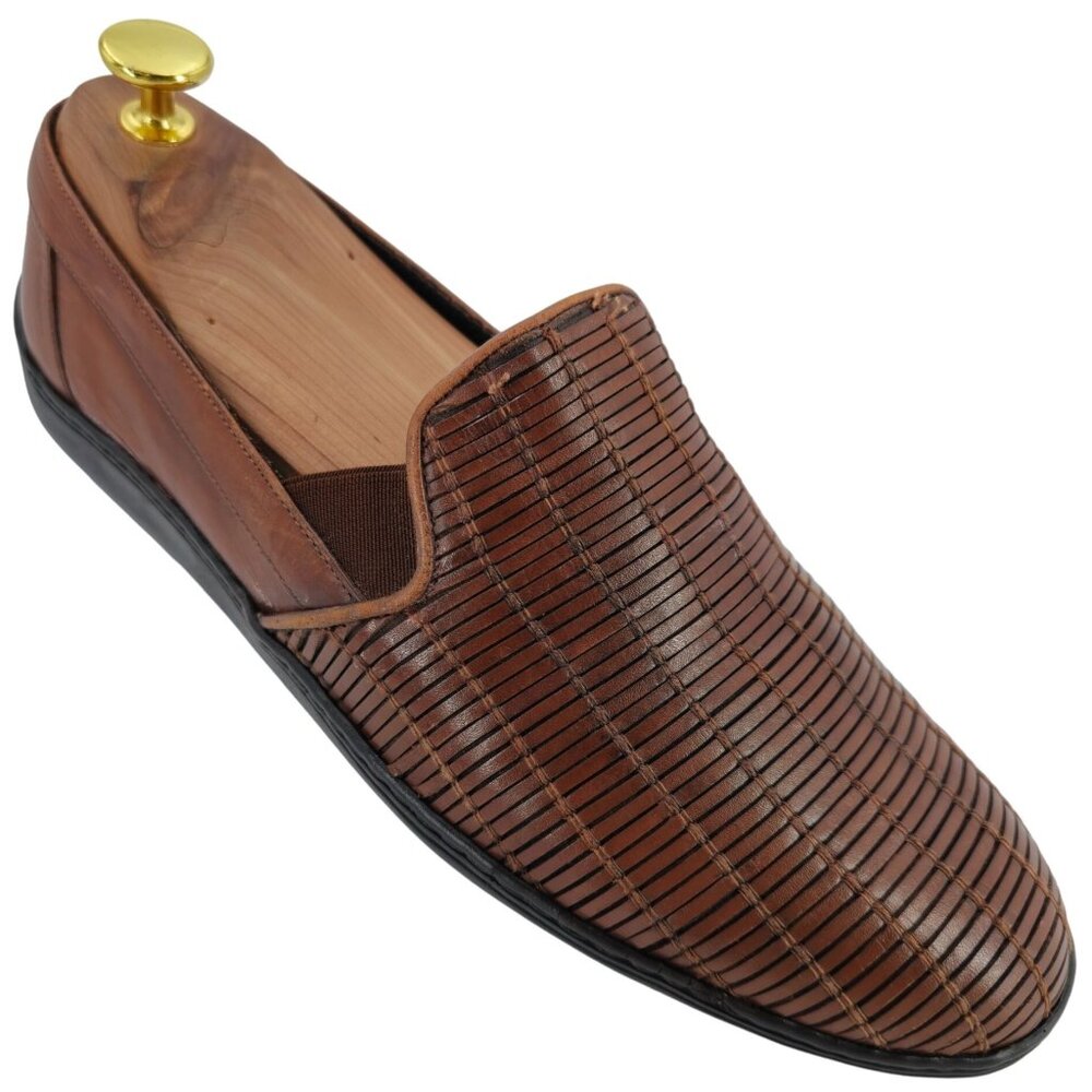 Vintage Bragano Italy Driving Casual Loafers Mens 8M Brown Basket Weave Slip-ons - Picture 1 of 11